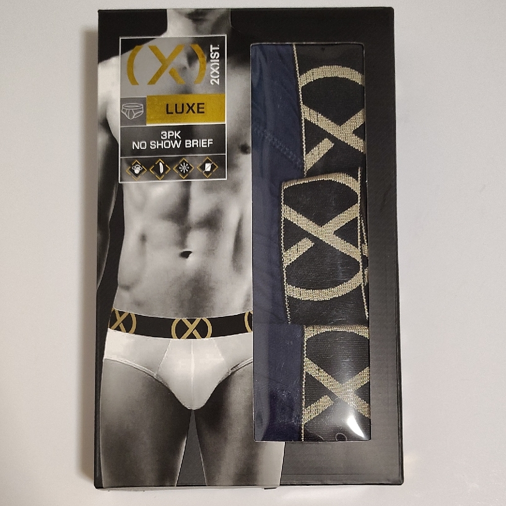 2xist Luxe No Show Brief - Navy Blue With Black Waistband Gold Accents 3 Pack